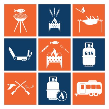 Kamp ekipmanları simgeler kümesi. Vektör çizim