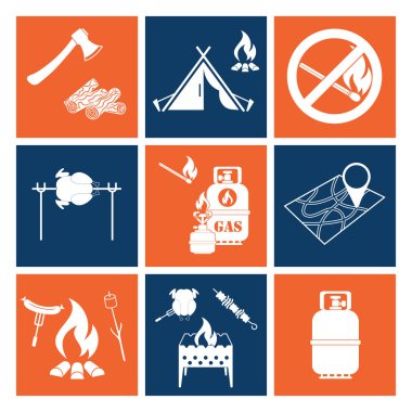 Kamp ekipmanları simgeler kümesi. Vektör çizim