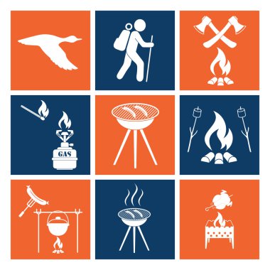 Kamp ekipmanları simgeler kümesi. Vektör çizim