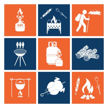 Kamp ekipmanları simgeler kümesi. Vektör çizim