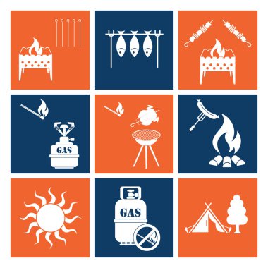 Kamp ekipmanları simgeler kümesi. Vektör çizim