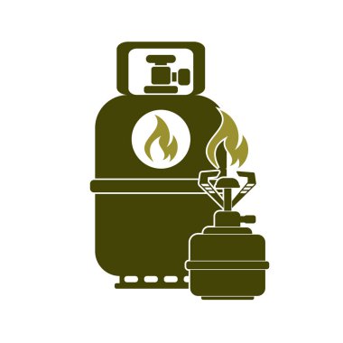 Kamp ocağı gaz şişesi simgesi olan. Düz simgesi izole. Vektör illustratio
