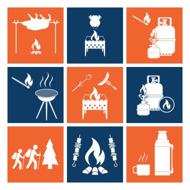 Kamp ekipmanları simgeler kümesi. Vektör çizim