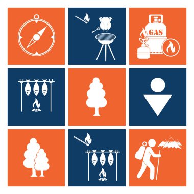 Kamp ekipmanları simgeler kümesi. Vektör çizim