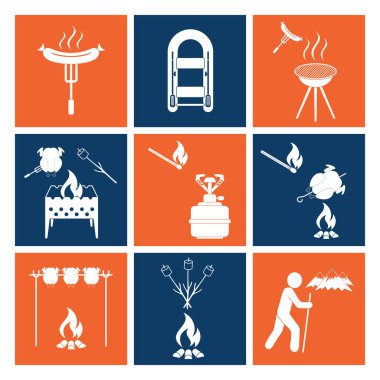 Kamp ekipmanları simgeler kümesi. Vektör çizim