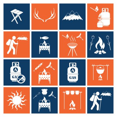 Kamp ekipmanları simgeler kümesi. Vektör çizim