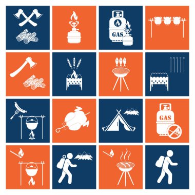 Kamp ekipmanları simgeler kümesi. Vektör çizim