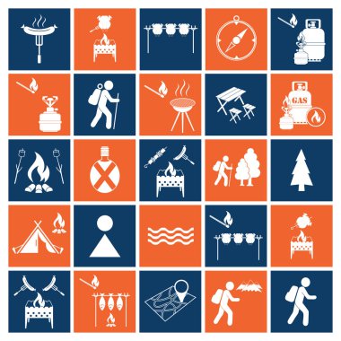 Kamp ekipmanları simgeler kümesi. Vektör çizim