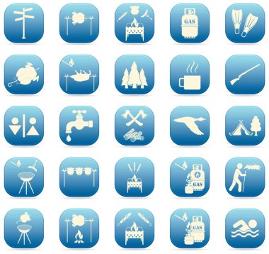 Seyahat ve kamp ekipmanları simgeler kümesi. Vektör çizim