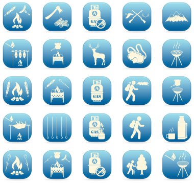 Seyahat ve kamp ekipmanları simgeler kümesi. Vektör çizim