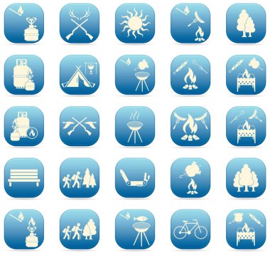 Seyahat ve kamp ekipmanları simgeler kümesi. Vektör çizim