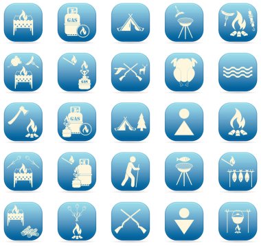 Seyahat ve kamp ekipmanları simgeler kümesi. Vektör çizim