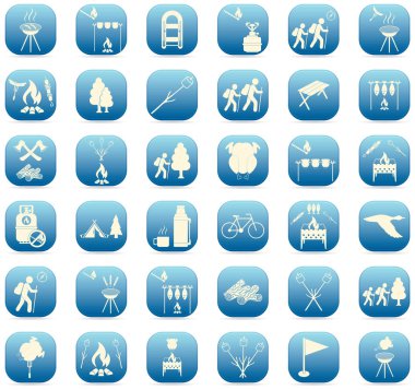 Seyahat ve kamp ekipmanları simgeler kümesi. Vektör çizim