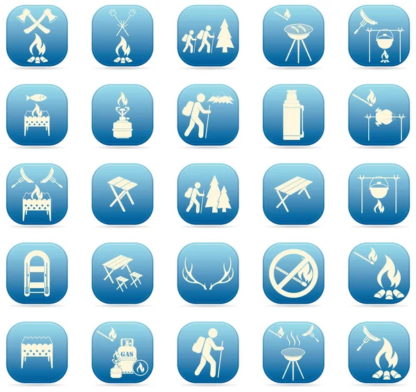 Seyahat ve kamp ekipmanları simgeler kümesi. Vektör çizim