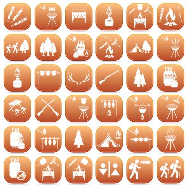 Seyahat ve kamp ekipmanları simgeler kümesi. Vektör çizim