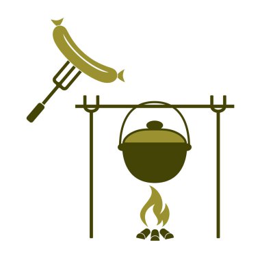 Yangın, pot ve sosis simgesi. Vektör çizim