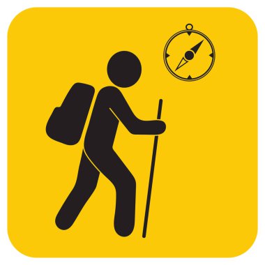 Pusula simgesini turistlerle hiking. Vektör illustratio