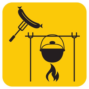 Yangın, pot ve sosis simgesi. Vektör çizim