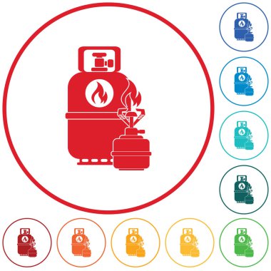 Kamp ocağı gaz şişesi simgesi olan. Düz simgesi izole. Vektör illustratio