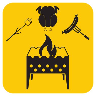 Mangal, Zephyr'i, tavuk ve sosis simgesi. Vektör illustratio