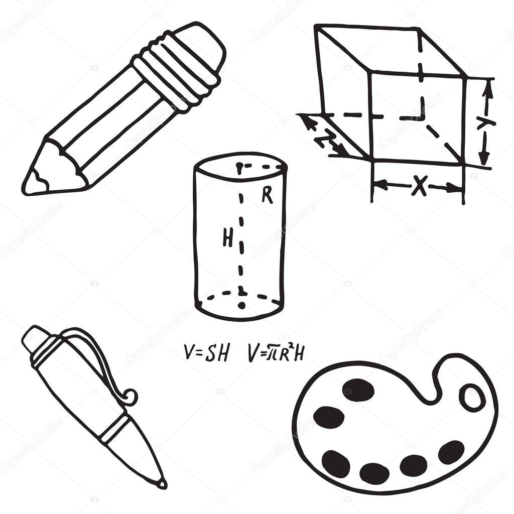 Set of school equipment doodle icons. Vector illustration