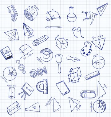 Vektör doodle tarzı ortaokul simgeler kümesi. Boyalı, beyaz bir arka plan üzerinde Kareli kağıt üzerine bir kalemle çizilmiş