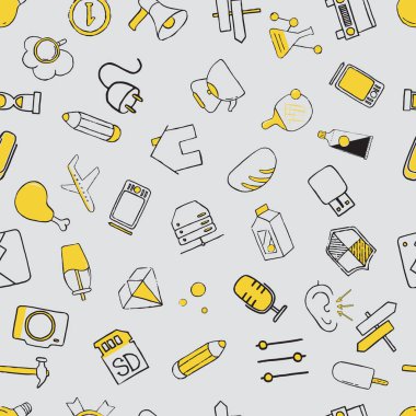 Çeşitli öğeleri ve ekipman doodle simgeler kümesi. Seamless modeli. Vektör çizim