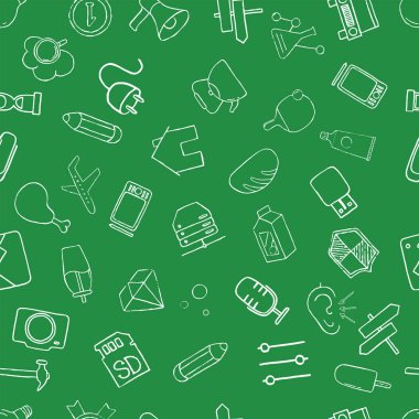 Çeşitli öğeleri ve ekipman doodle simgeler kümesi. Seamless modeli. Vektör çizim