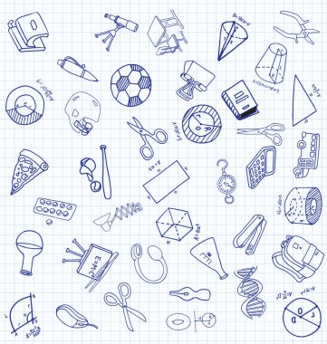 Vektör doodle tarzı ortaokul simgeler kümesi. Boyalı, beyaz bir arka plan üzerinde Kareli kağıt üzerine bir kalemle çizilmiş