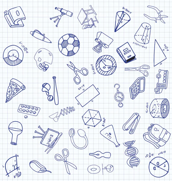 Vektör doodle tarzı ortaokul simgeler kümesi. Boyalı, beyaz bir arka plan üzerinde Kareli kağıt üzerine bir kalemle çizilmiş