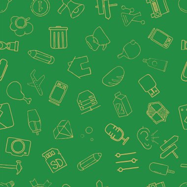 Çeşitli teknolojik eşyalar ve ekipman karalama simgeleri. Kusursuz desen. Vektör illüstrasyonu