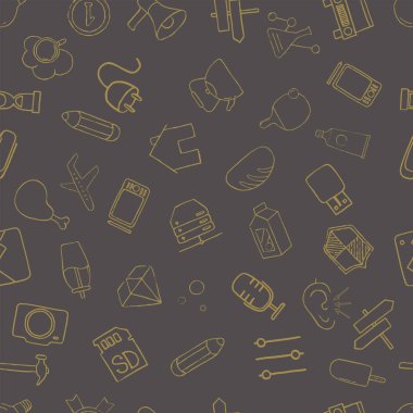 Çeşitli teknolojik öğeleri ve ekipman kümesi. Doodle stili simgeler. Seamless modeli. Vektör çizim