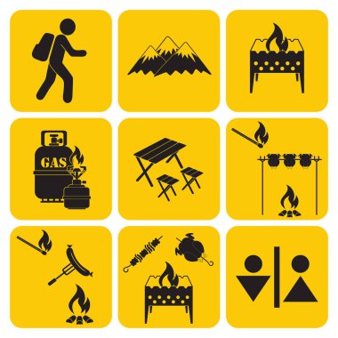 Seyahat ve kamp ekipmanları simgeler kümesi