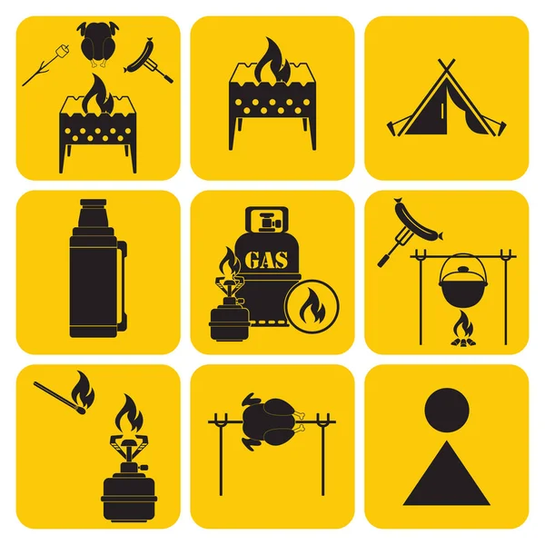 Seyahat ve kamp ekipmanları simgeler kümesi