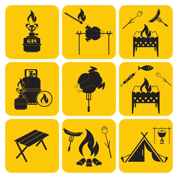 Seyahat ve kamp ekipmanları simgeler kümesi