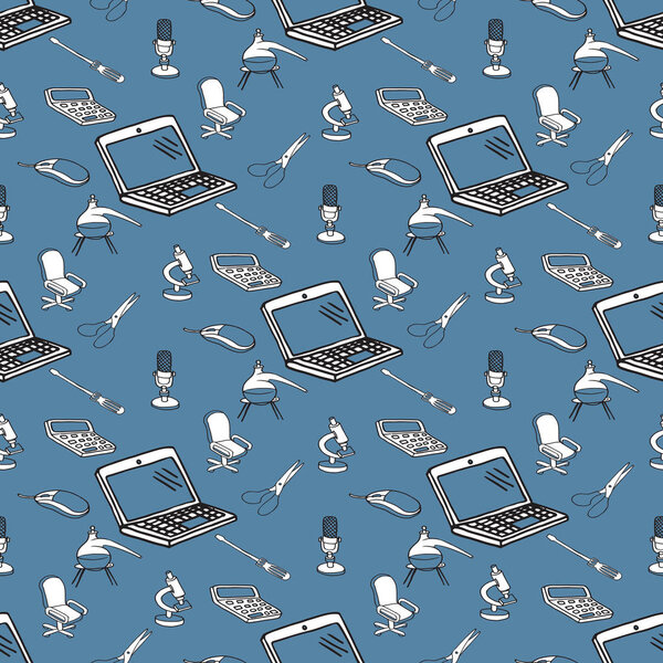 Hand drawn office supplies in seamless pattern