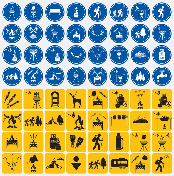 Conjunto de iconos de equipo de viaje y camping — Vector de stock