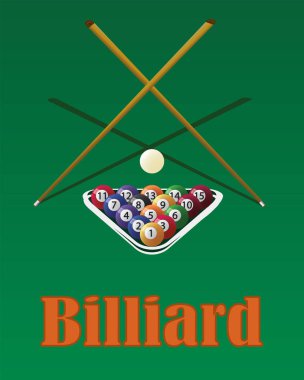 Yeşil tablo üzerinde üçgen içinde Bilardo işaret ve havuz topları