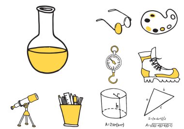 Okul donanımları doodle simgeler kümesi