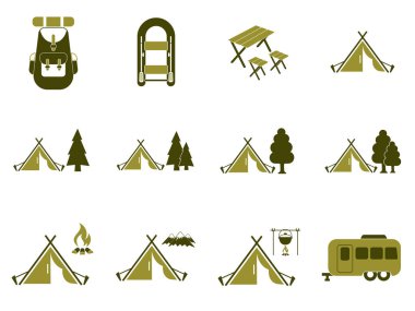 Seyahat ve kamp ekipmanları simgeler kümesi