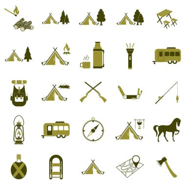 Seyahat ve kamp ekipmanları simgeler kümesi