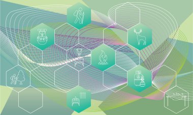 Seyahat ve kamp ekipmanları simgeleri seti ile poster. Vektör Illustration