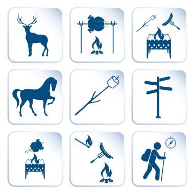 Seyahat ve kamp ekipmanları simgeler kümesi