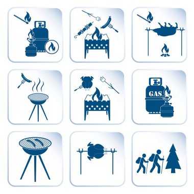 Seyahat ve kamp ekipmanları simgeler kümesi