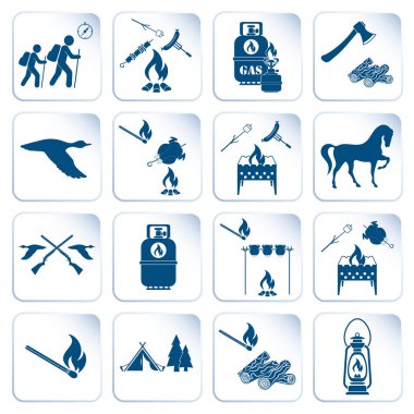 Seyahat ve kamp ekipmanları simgeler kümesi