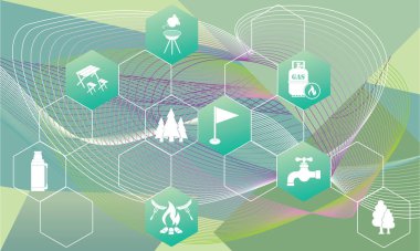 Seyahat ve kamp ekipmanları simgeleri seti ile poster