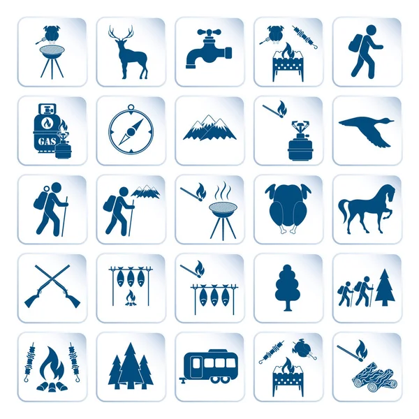 Conjunto de iconos de equipo de viaje y camping — Vector de stock