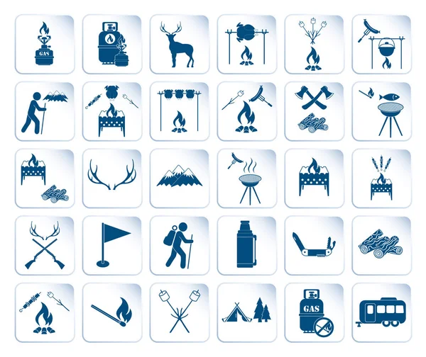 Set di icone di viaggio e attrezzatura da campeggio. Illustrazione vettoriale — Vettoriale Stock