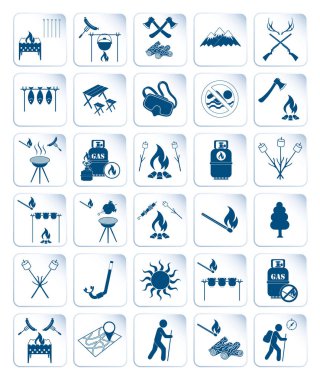 Seyahat ve kamp ekipmanları simgeler kümesi