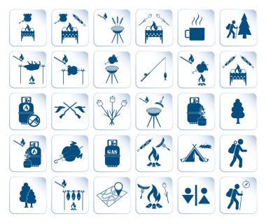 Seyahat ve kamp ekipmanları simgeler kümesi